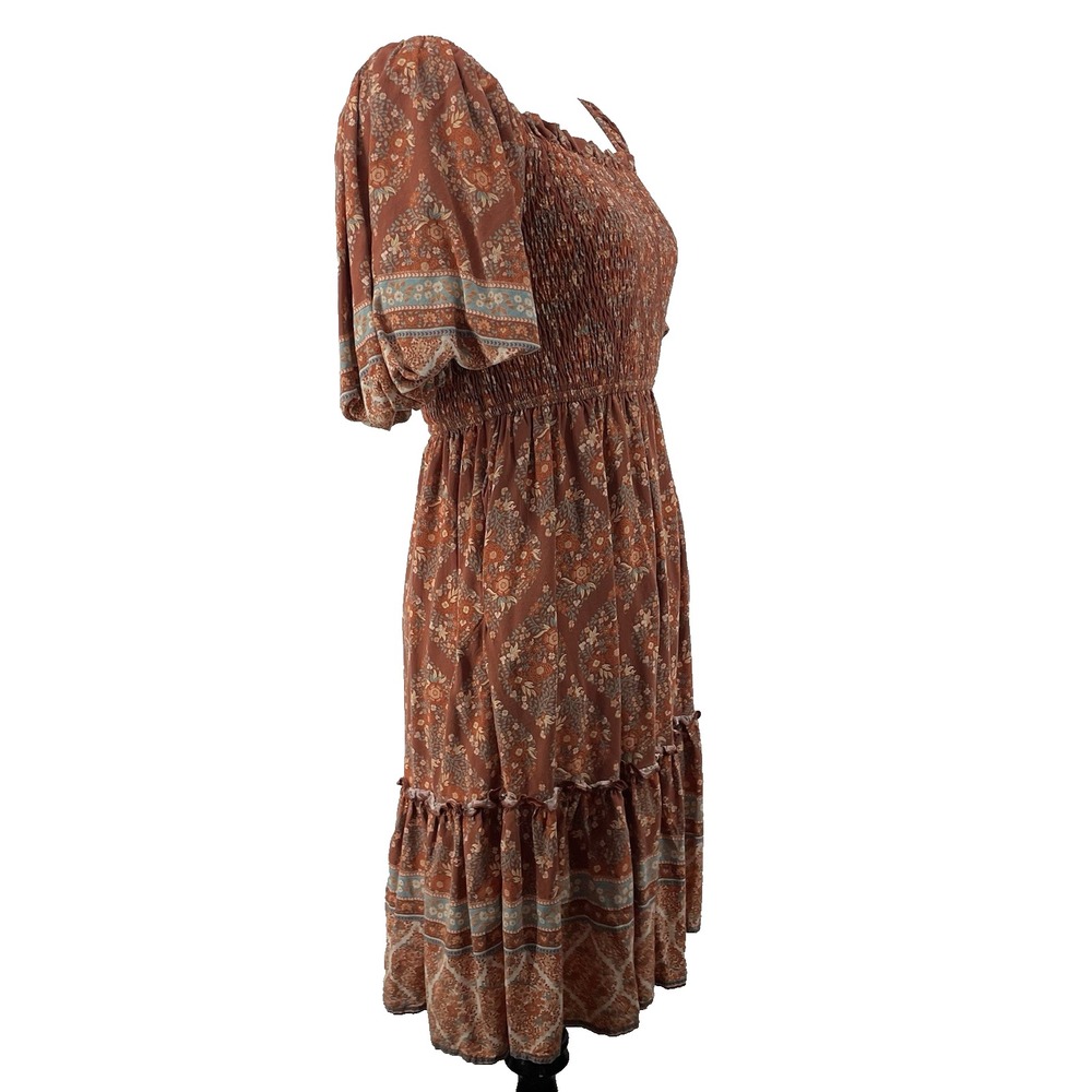 Iris Mi Size Small Smocked Mini Dress Rust Floral Boho Puff Sleeve Women - Picture 4 of 8